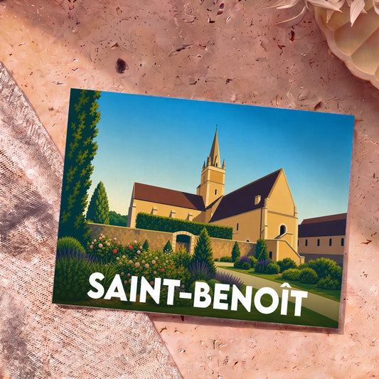 Carte postale souvenir de la ville de Saint-Benoît illustrant son église et ses jardins dans un style graphique épuré.