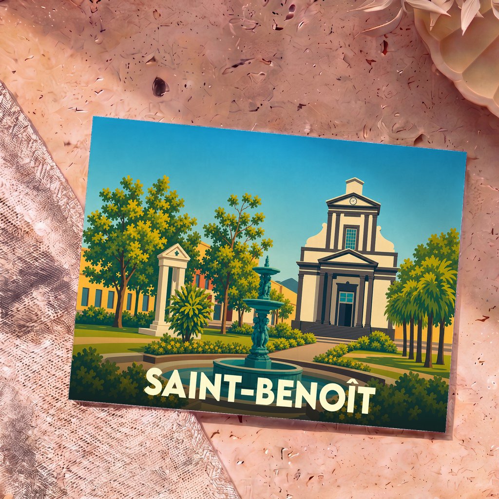 Carte postale souvenir de la ville de Saint-Benoît illustrant son église et une fontaine dans un style graphique épuré.