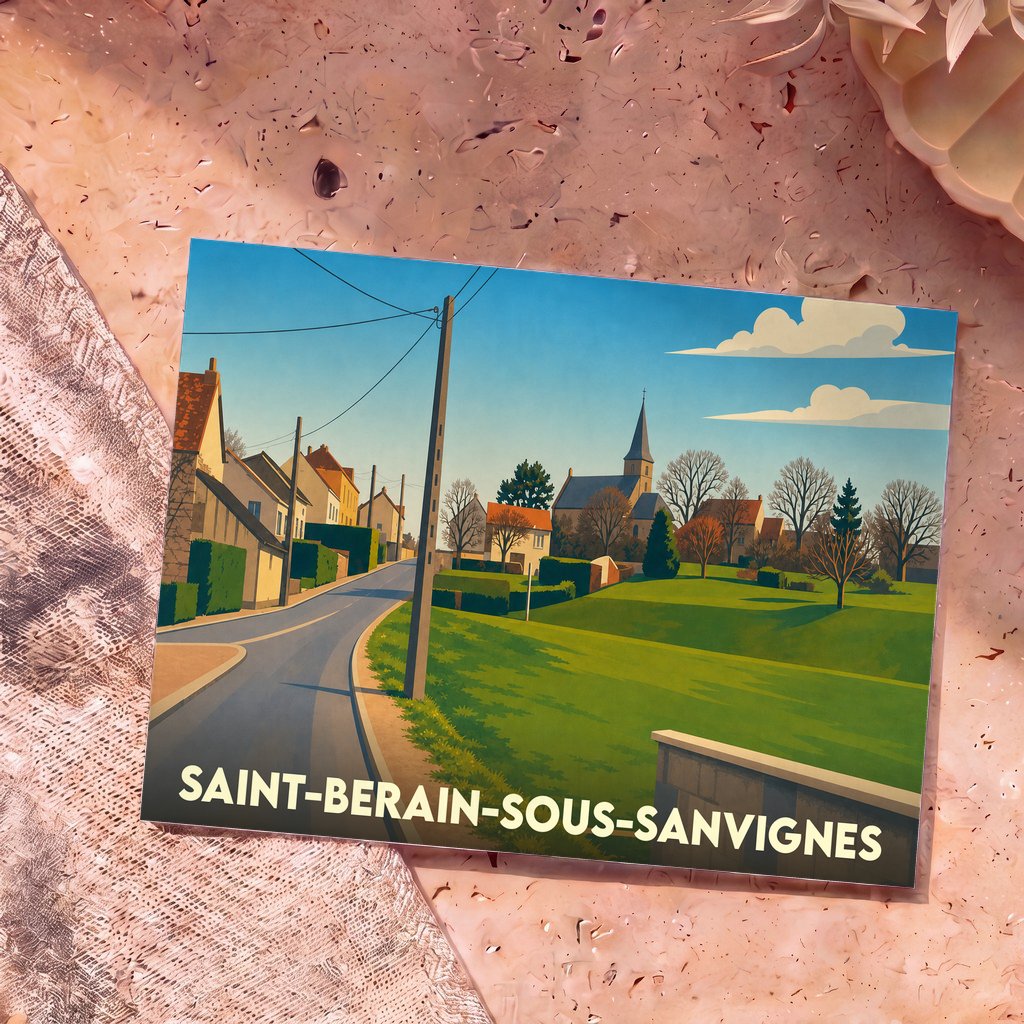 Carte postale souvenir de la ville de Saint-Berain-sous-Sanvignes avec une illustration stylisée.