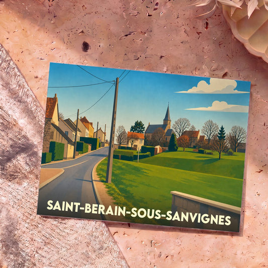 Carte postale souvenir de la ville de Saint-Berain-sous-Sanvignes avec une illustration stylisée.