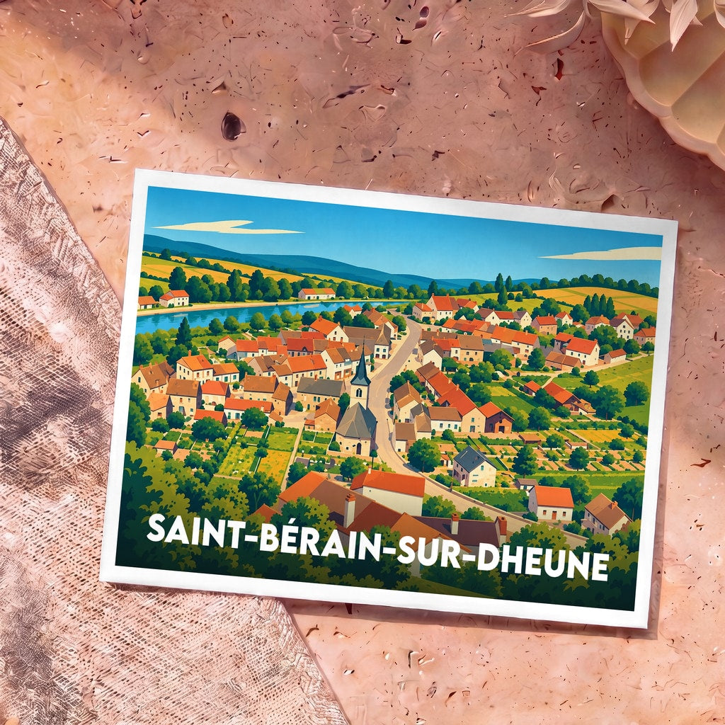 Carte postale souvenir de la ville de Saint-Bérain-sur-Dheune avec une illustration colorée et stylisée de ses paysages.