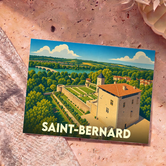 Carte postale souvenir de la ville de Saint-Bernard avec une illustration stylisée du château et de la Saône.