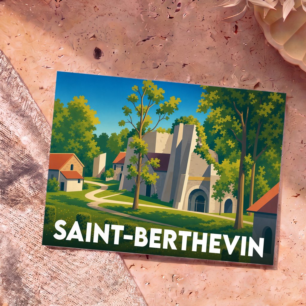 Carte postale souvenir de la ville de Saint-Berthevin avec une illustration stylisée de bâtiments historiques entourés d'arbres.
