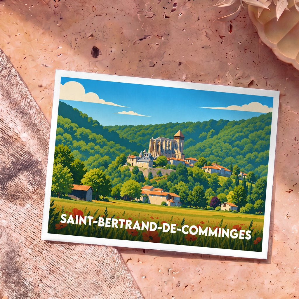 Carte postale souvenir de Saint-Bertrand-de-Comminges illustrant son imposante cathédrale surplombant un village niché dans une vallée verdoyante.