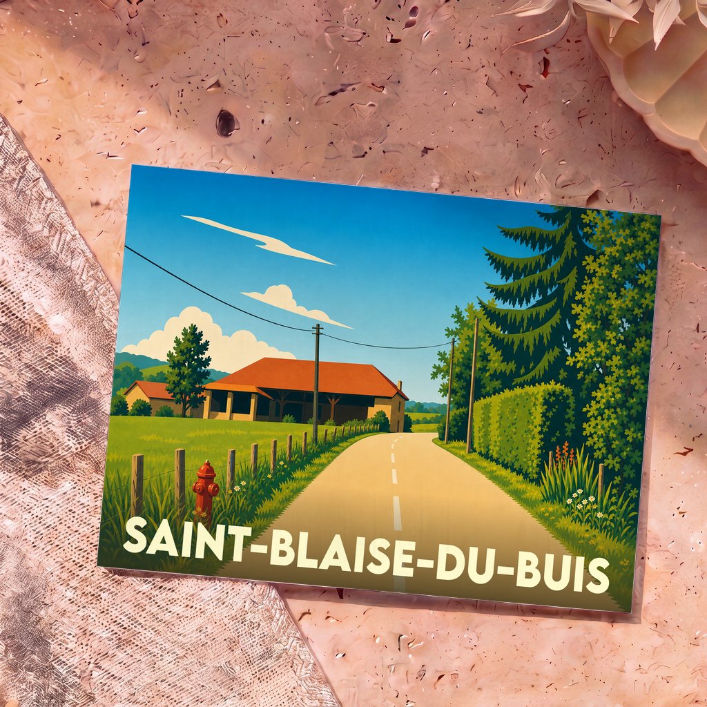 Carte postale souvenir de la ville de Saint-Blaise-du-Buis avec une illustration bucolique d'un paysage de campagne.