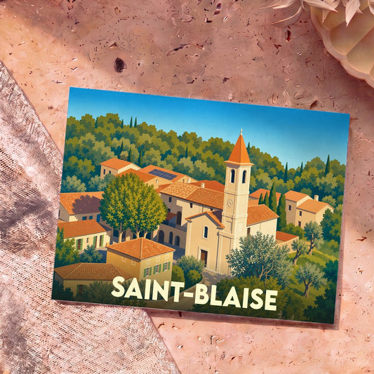 Carte postale souvenir de la ville de Saint-Blaise avec une illustration stylisée d'un village provençal.