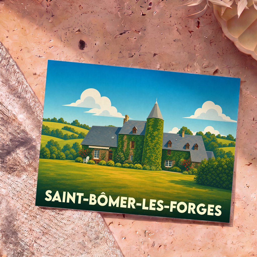 Carte postale souvenir de la ville de Saint-Bômer-les-Forges avec une illustration stylisée d'un manoir normand.