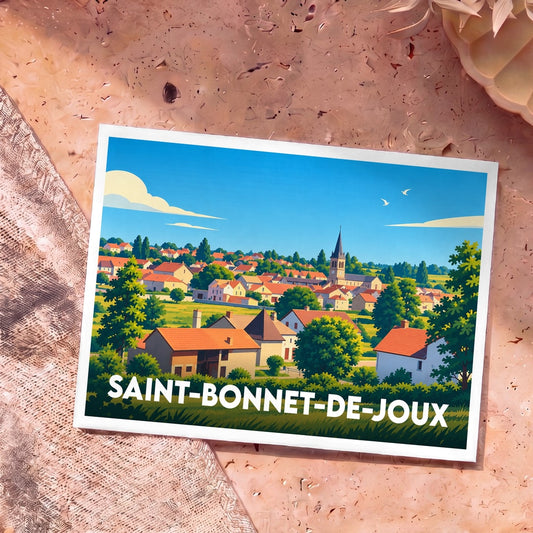 Carte postale souvenir de Saint-Bonnet-de-Joux arborant une illustration stylisée et colorée du village.