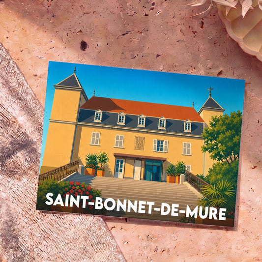 Carte postale souvenir de la ville de Saint-Bonnet-de-Mure avec une illustration stylisée de son château.