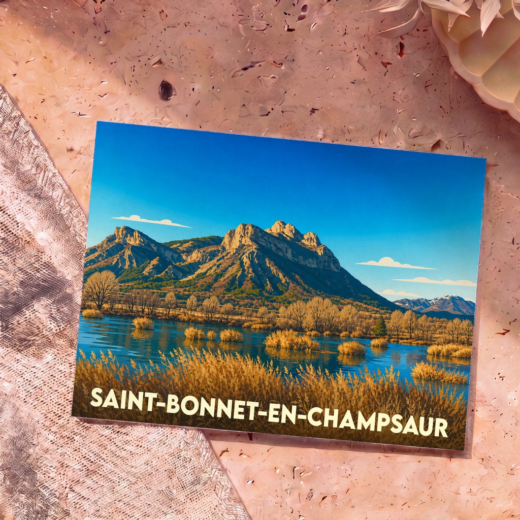 Carte postale souvenir de la ville de Saint-Bonnet-en-Champsaur avec une illustration stylisée d'un paysage montagneux et d'un plan d'eau.