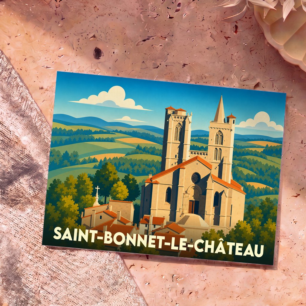 Carte postale souvenir de la ville de Saint-Bonnet-le-Château avec une illustration stylisée de sa collégiale.