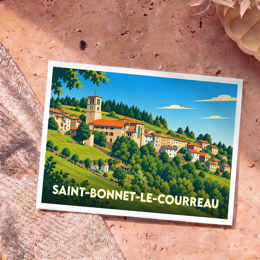 Carte postale souvenir de la ville de Saint-Bonnet-le-Courreau avec une illustration stylisée d'un village de montagne.