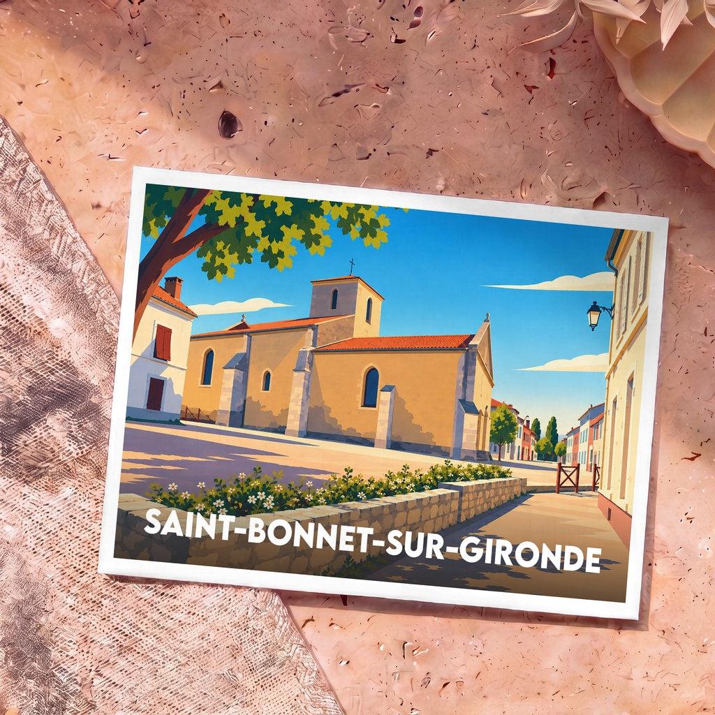 Carte postale souvenir de la ville de Saint-Bonnet-sur-Gironde avec une illustration stylisée de son église sous un ciel bleu.