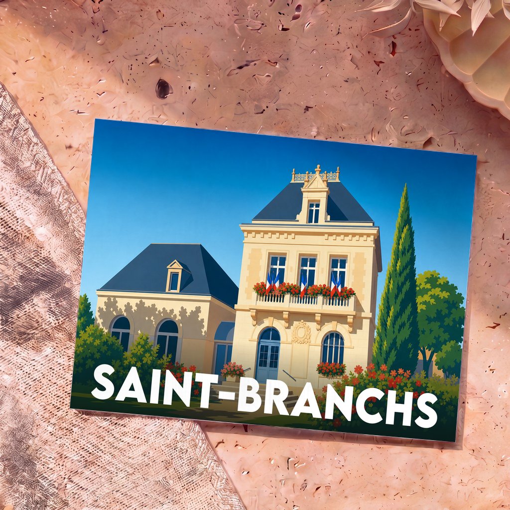 Carte postale souvenir de la ville de Saint-Branchs avec une illustration stylisée de sa mairie.