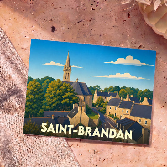 Carte postale souvenir de la ville de Saint-Brandan avec une illustration stylisée de son église et de ses maisons.