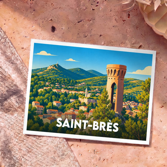 Carte postale souvenir de la ville de Saint-Brès avec une illustration stylisée de son paysage vallonné et de sa tour.