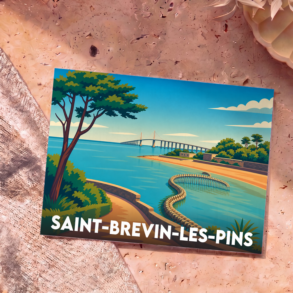 Carte postale souvenir de la ville de Saint-Brevin-les-Pins illustrant le pont de Saint-Nazaire et la sculpture du Serpent d'Océan.