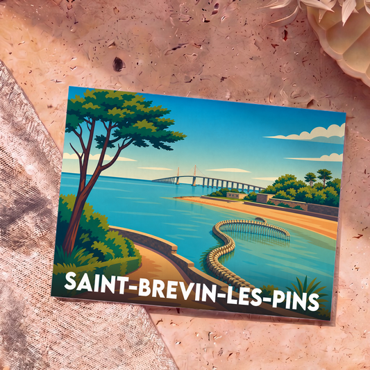 Carte postale souvenir de la ville de Saint-Brevin-les-Pins illustrant le pont de Saint-Nazaire et la sculpture du Serpent d'Océan.