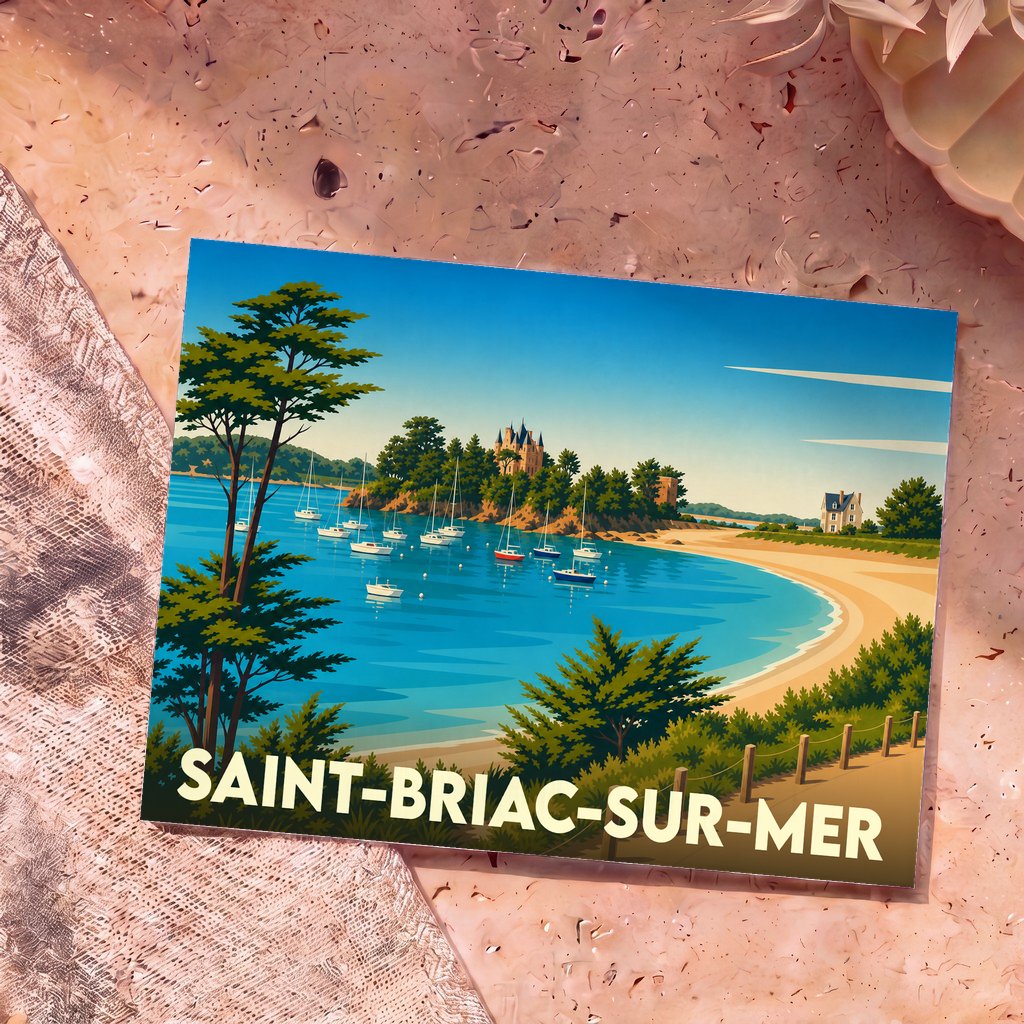 Carte postale souvenir de la ville de Saint-Briac-sur-Mer avec une illustration stylisée de sa côte et de son port.