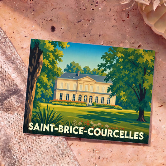 Carte postale souvenir de la ville de Saint-Brice-Courcelles avec une illustration stylisée d'un château.