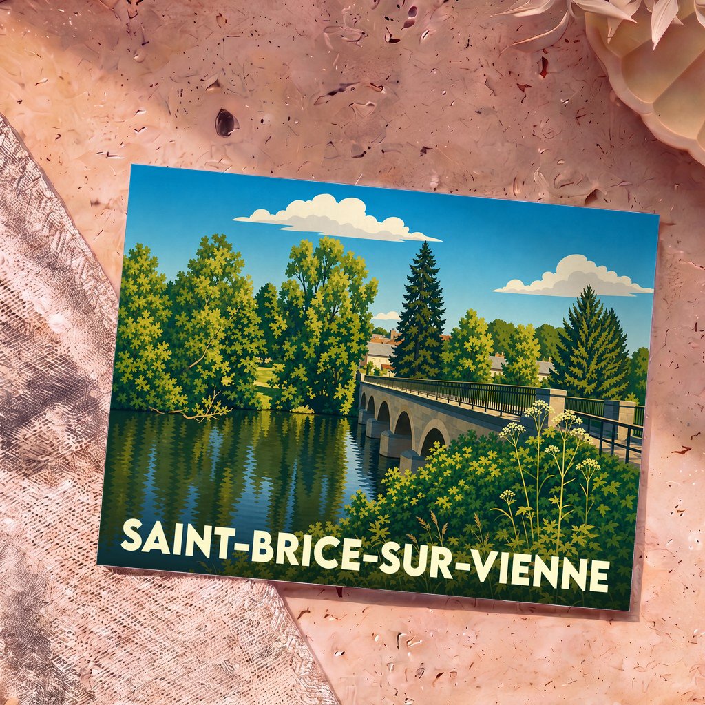 Carte postale souvenir de la ville de Saint-Brice-sur-Vienne avec une illustration stylisée de son pont traversant la Vienne.