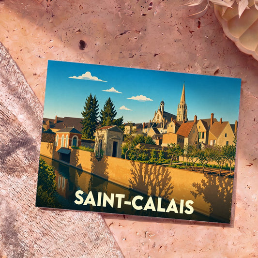 Carte postale souvenir de la ville de Saint-Calais avec une illustration stylisée d'un canal et de l'église.