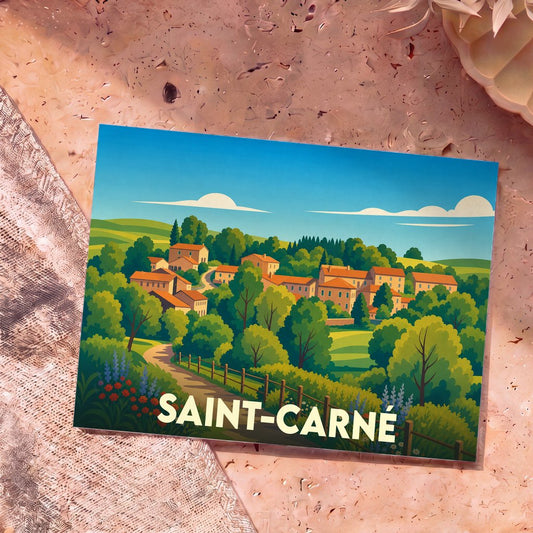 Carte postale souvenir de la ville de Saint-Carné avec une illustration stylisée d'un village fleuri et arboré.