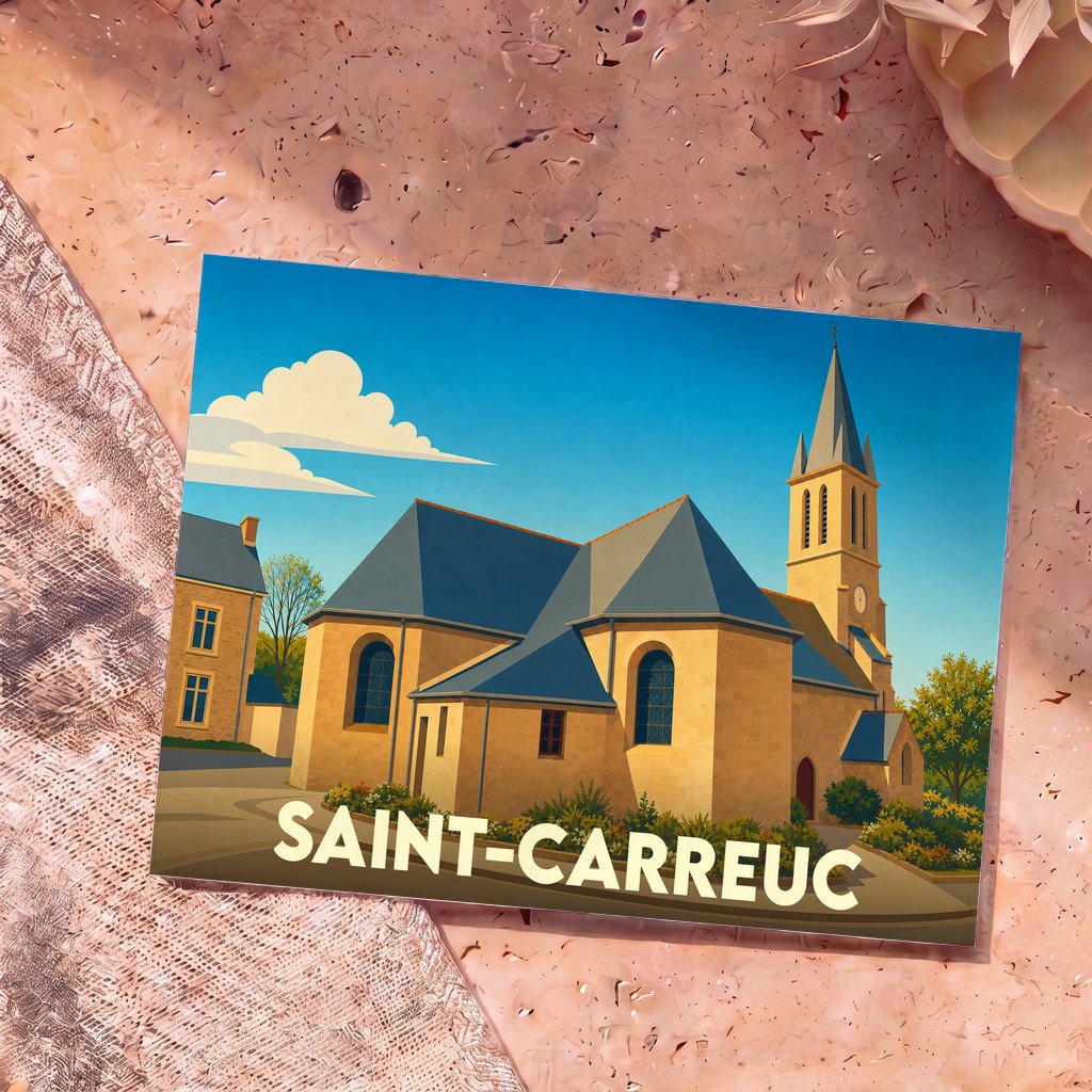 Carte postale souvenir de la ville de Saint-Carreuc avec une illustration stylisée de son église.
