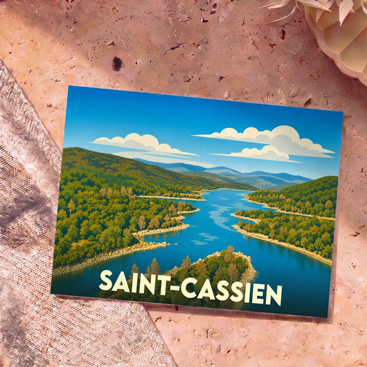 Carte postale souvenir de Saint-Cassien avec une illustration stylisée de son lac et des collines environnantes.