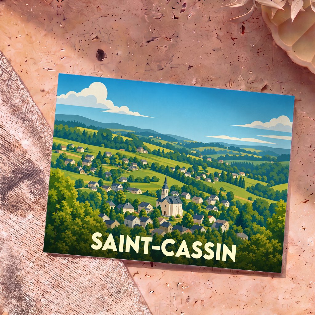 Carte postale souvenir de la ville de Saint-Cassin avec une illustration stylisée d'un village vallonné.