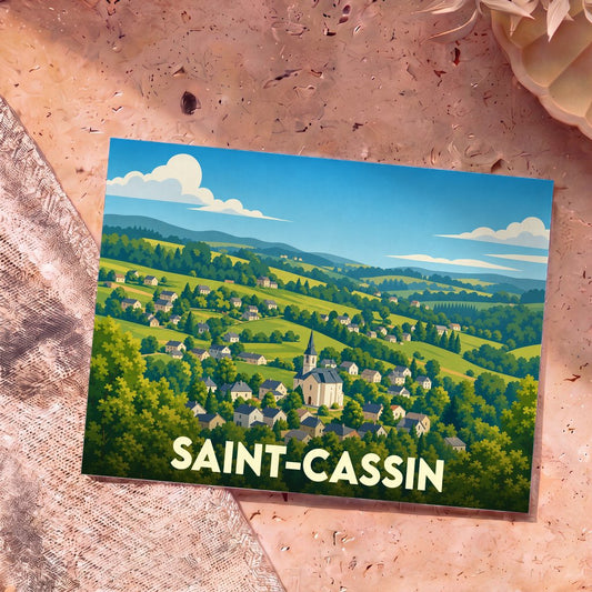 Carte postale souvenir de la ville de Saint-Cassin avec une illustration stylisée d'un village vallonné.