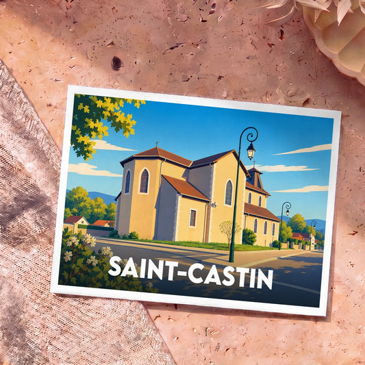 Carte postale souvenir de la ville de Saint-Castin avec une illustration stylisée de son église sous un ciel bleu.