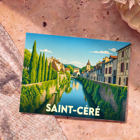 Carte postale souvenir de la ville de Saint-Céré avec une illustration stylisée d'un canal bordé de maisons.