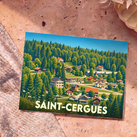 Carte postale souvenir de la ville de Saint-Cergues illustrant un village de montagne niché dans une forêt de sapins.