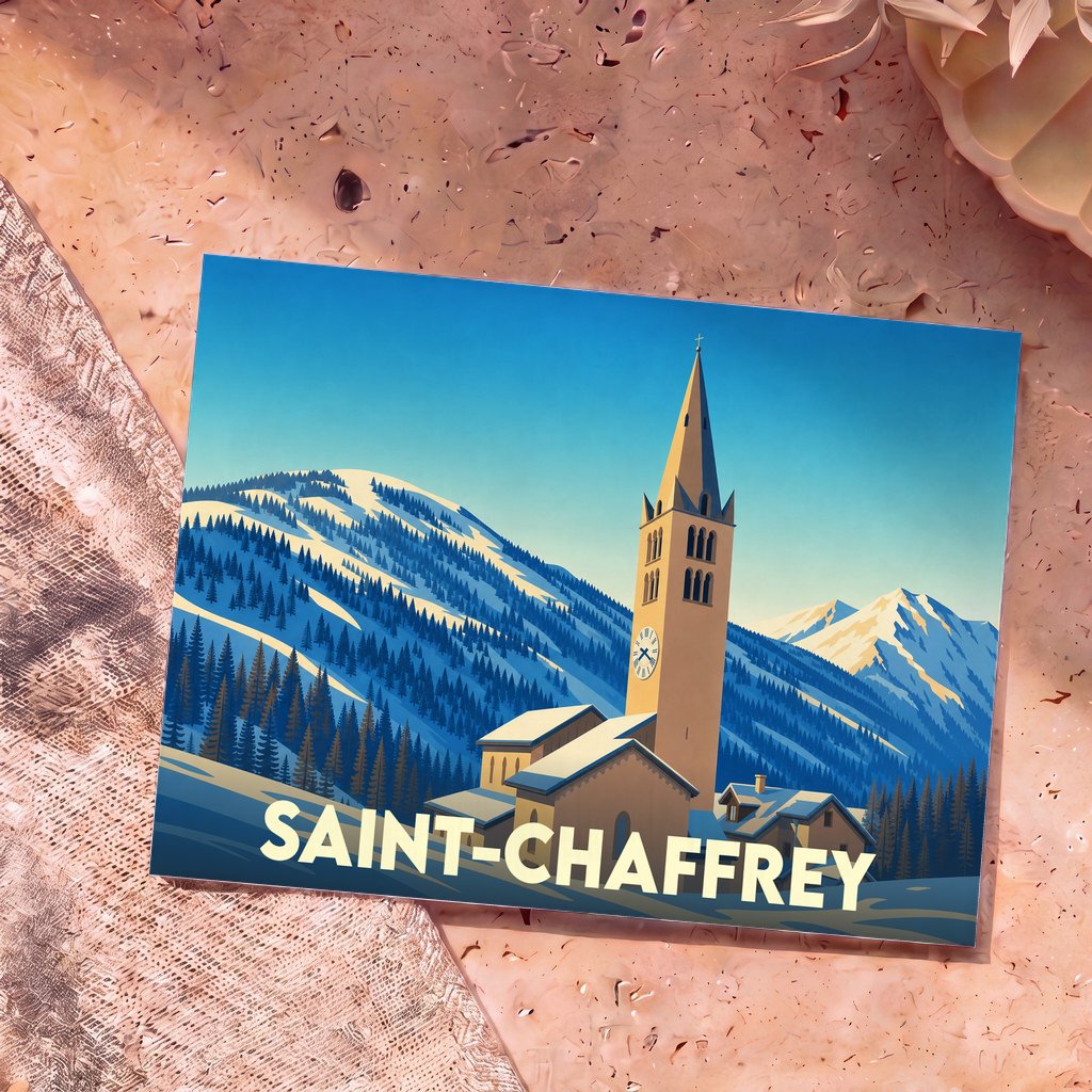 Carte postale souvenir de la ville de Saint-Chaffrey avec une illustration stylisée d'un clocher devant des montagnes enneigées.