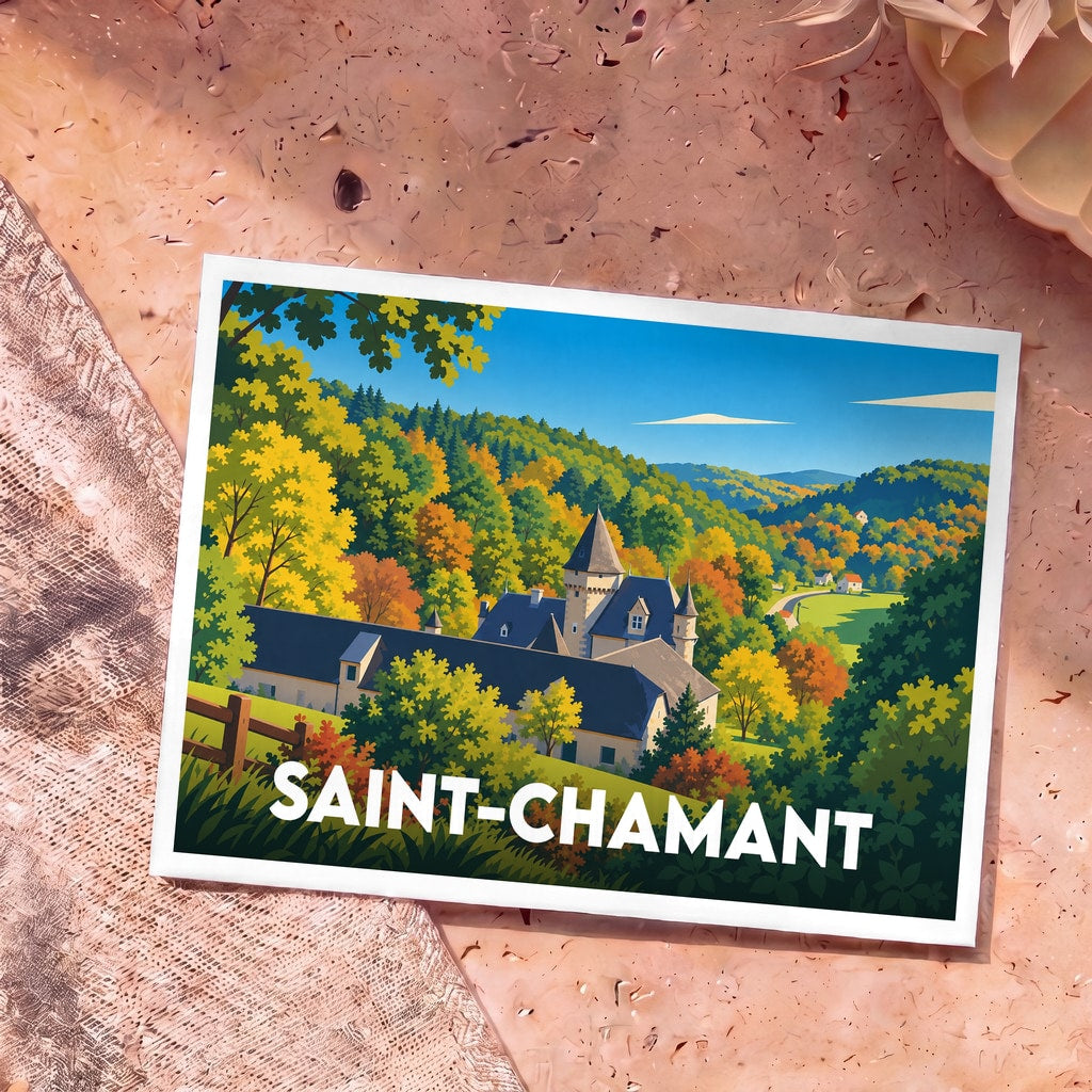 Carte postale souvenir de la ville de Saint-Chamant avec une illustration stylisée d'un château entouré de collines boisées aux couleurs d'automne.