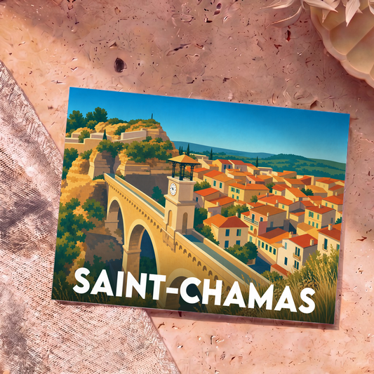 Carte postale souvenir de la ville de Saint-Chamas avec une illustration stylisée de son célèbre pont de l'Horloge.
