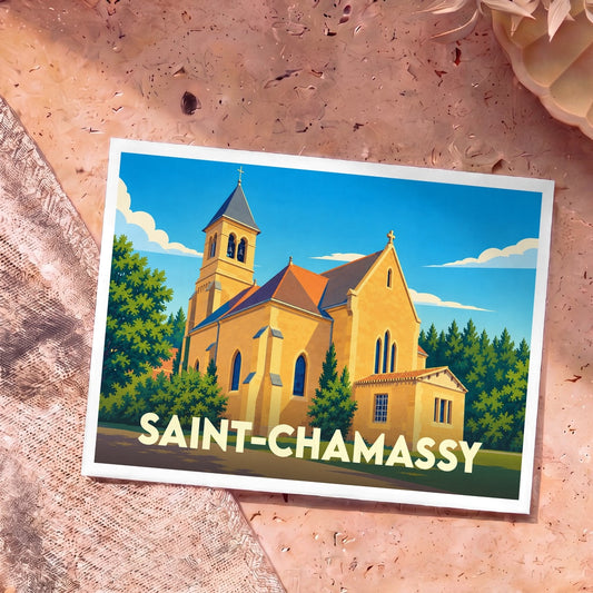 Carte postale souvenir de la ville de Saint-Chamassy avec une illustration stylisée de son église.
