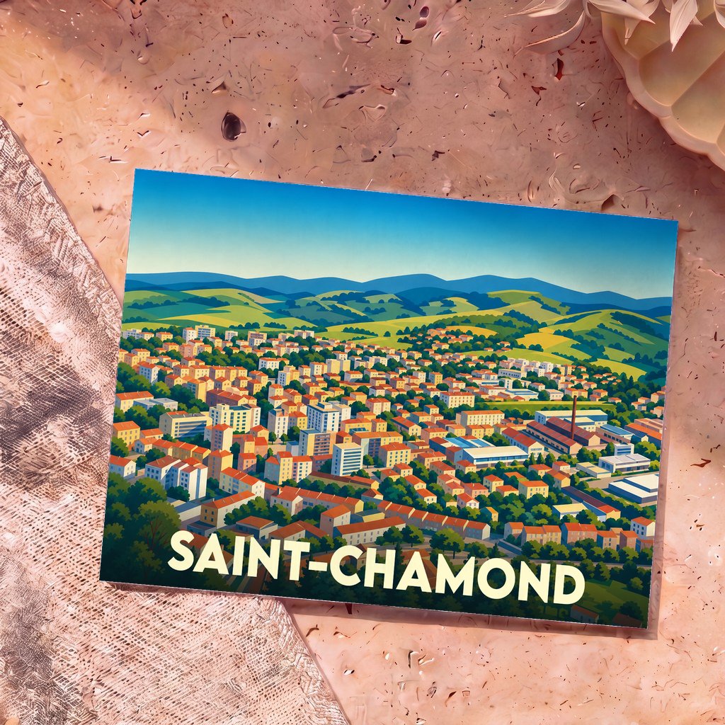 Carte postale souvenir de la ville de Saint-Chamond avec une illustration stylisée d'un panorama urbain et vallonné.