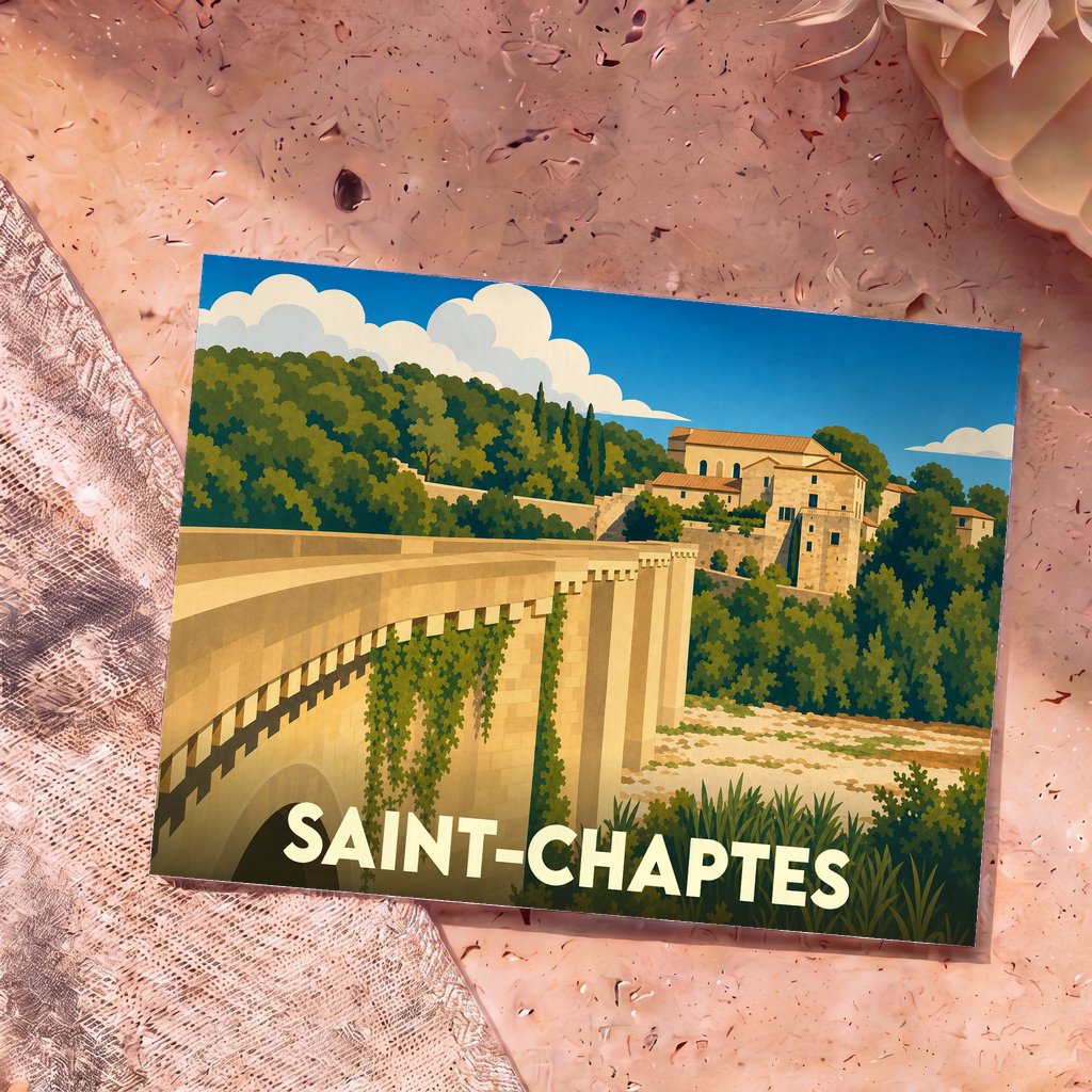 Carte postale souvenir de la ville de Saint-Chaptes présentant une illustration stylisée de son pont et de son village.