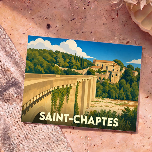 Carte postale souvenir de la ville de Saint-Chaptes présentant une illustration stylisée de son pont et de son village.