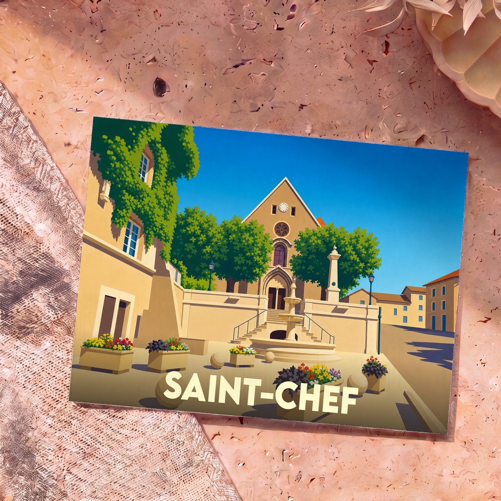 Carte postale souvenir de la ville de Saint-Chef avec une illustration stylisée d'une place ensoleillée et de son église.