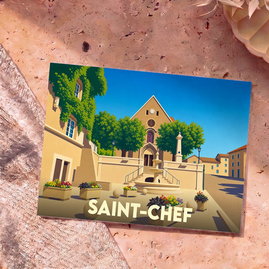Carte postale souvenir de la ville de Saint-Chef avec une illustration stylisée d'une place ensoleillée et de son église.