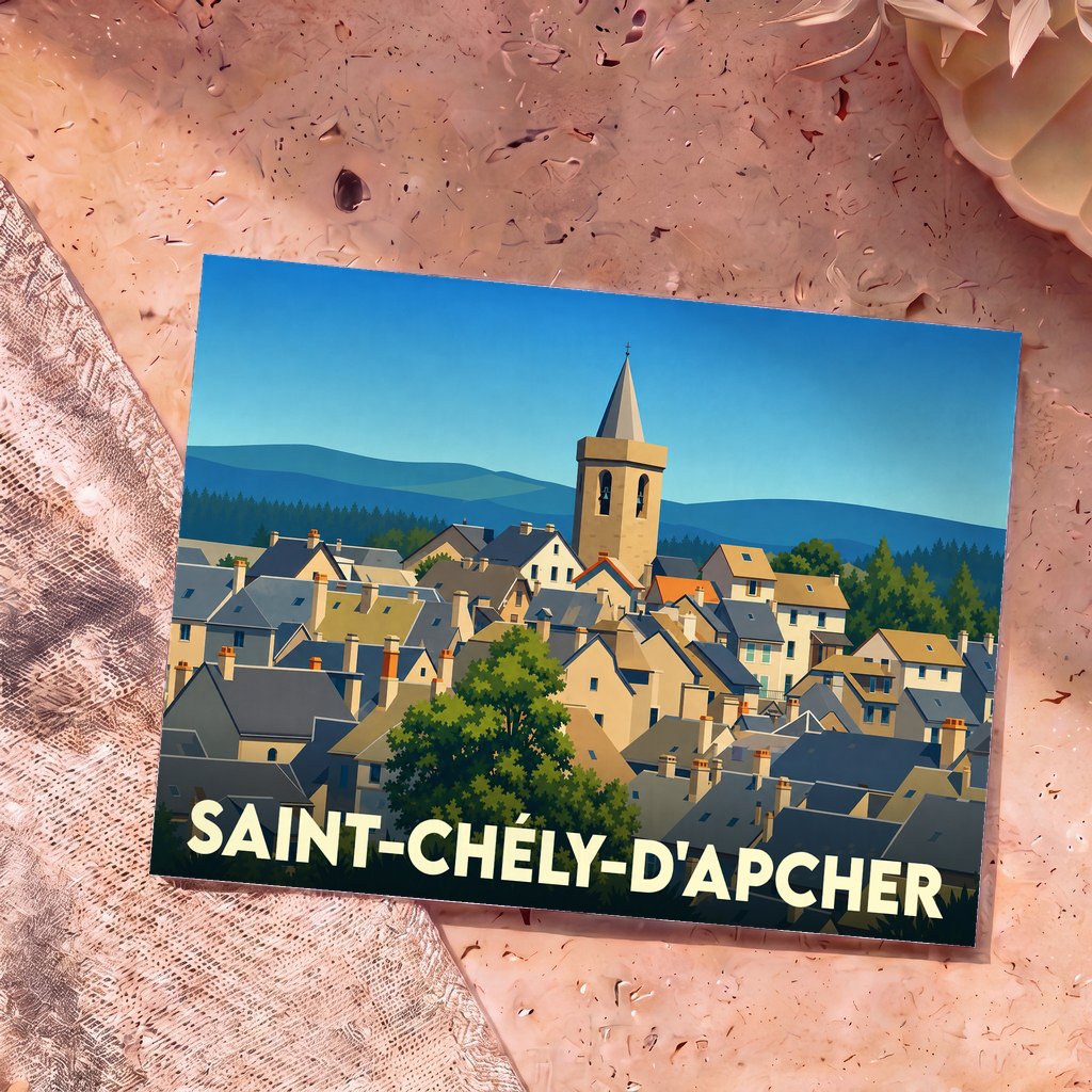 Carte postale souvenir de la ville de Saint-Chély-d'Apcher avec une illustration stylisée de ses toits et de son clocher.