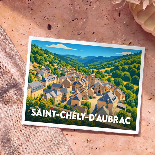 Carte postale souvenir de la ville de Saint-Chély-d'Aubrac avec une illustration stylisée et colorée de la commune.