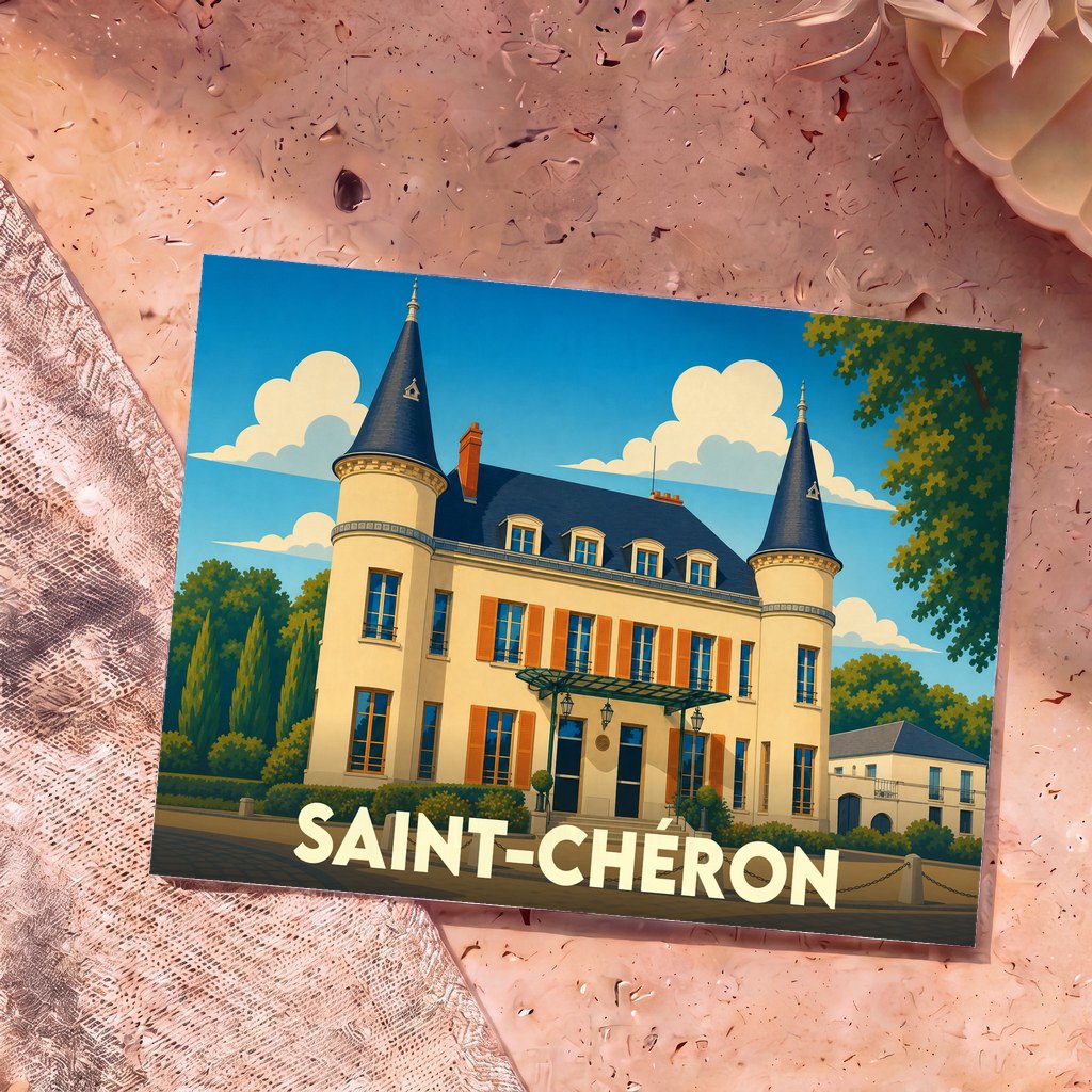 Carte postale souvenir de la ville de Saint-Chéron avec une illustration stylisée de son château.