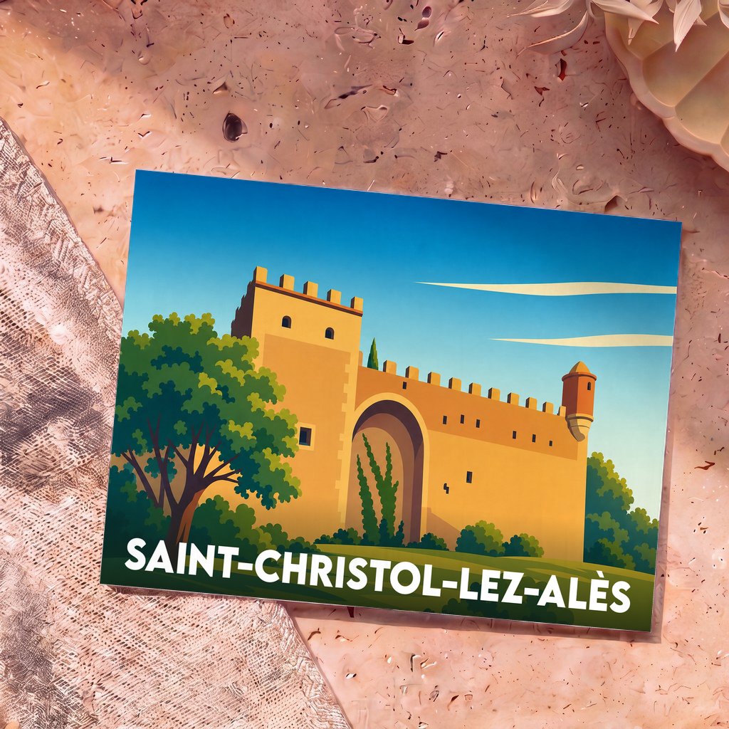 Carte postale souvenir de la ville de Saint-Christol-lez-Alès avec une illustration stylisée d'un château.
