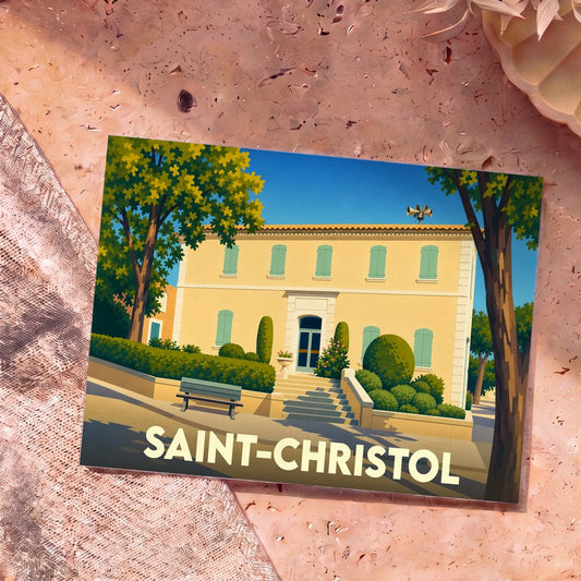 Carte postale souvenir de la ville de Saint-Christol avec une illustration stylisée d'une bâtisse provençale.