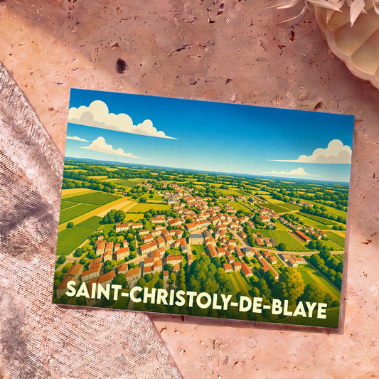 Carte postale souvenir de la ville de Saint-Christoly-de-Blaye avec une illustration vue du ciel stylisée.