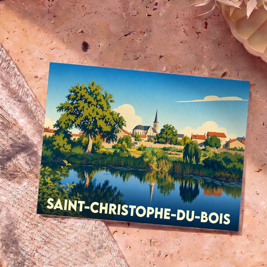 Carte postale souvenir de la ville de Saint-Christophe-du-Bois avec une illustration paysagère stylisée.